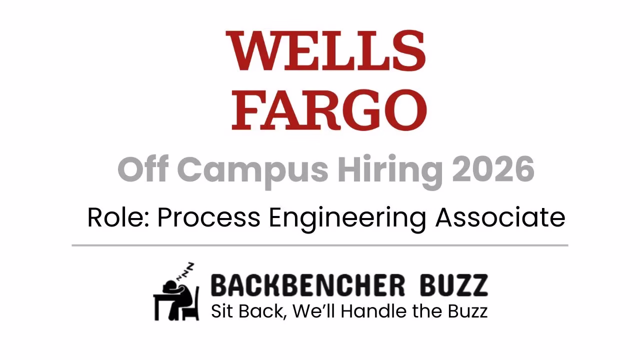 Promotional graphic for Wells Fargo Off Campus Hiring 2026 Process Engineering Associate role with company logo and BackbenchBuzz branding.