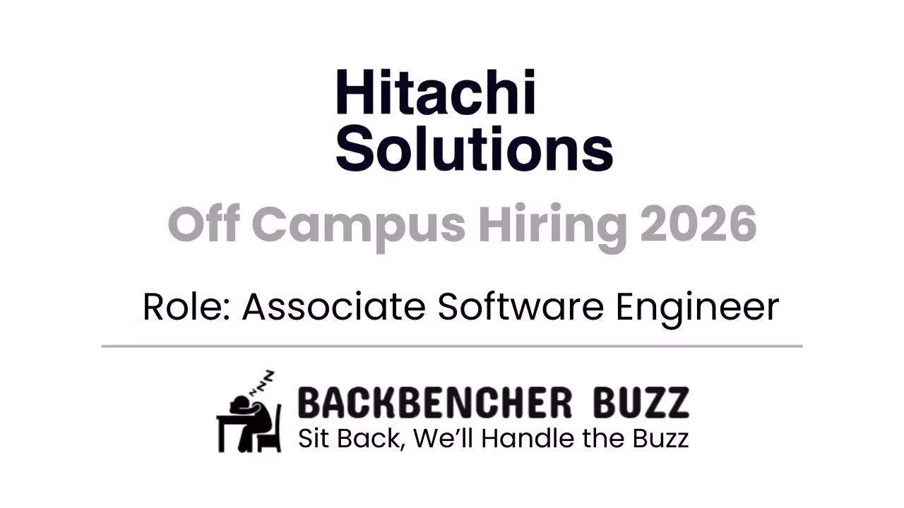 Hitachi Solutions Off-Campus Hiring 2026 poster for Associate Software Engineer with BackBencher Buzz branding.