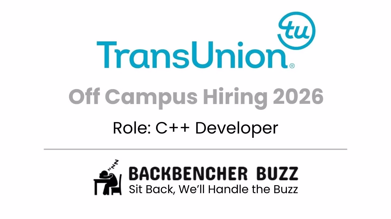 TransUnion Off-Campus Hiring 2026 poster for C++ Developer with BackBencher Buzz branding.