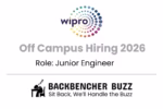 Wipro Off-Campus Hiring 2026 poster for Junior Engineer with BackBencher Buzz branding.