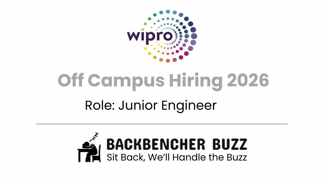 Wipro Off-Campus Hiring 2026 poster for Junior Engineer with BackBencher Buzz branding.