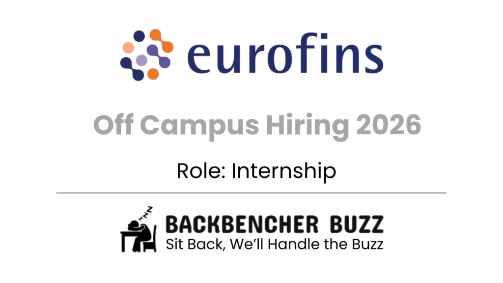 Eurofins off campus hiring 2026 banner showing internship role with Backbencher Buzz branding.