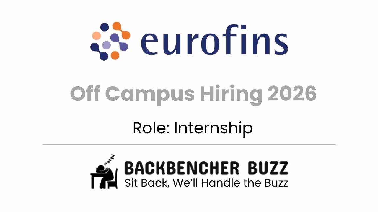 Eurofins off campus hiring 2026 banner showing internship role with Backbencher Buzz branding.